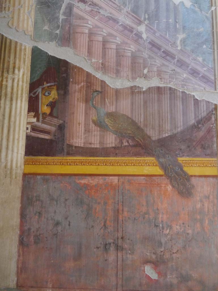 Oplontis Villa of Poppea, September 2021. Room 15, painted peacock from north end of east wall. Photo courtesy of Klaus Heese.