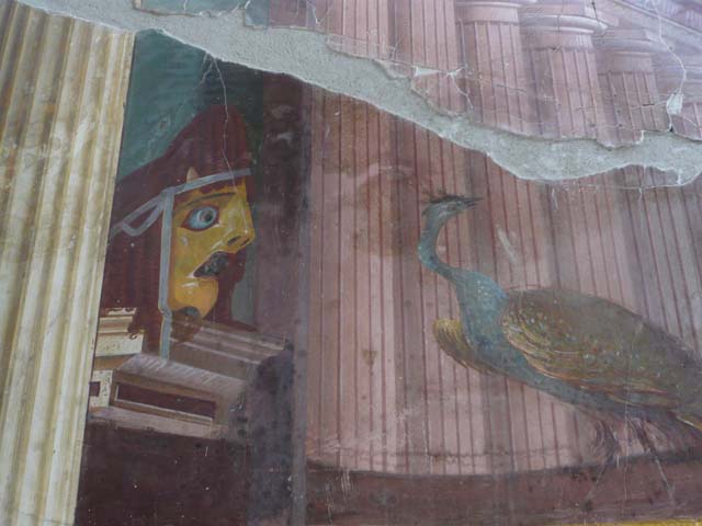 Oplontis Villa of Poppea, September 2021. 
Room 15, detail of tail of painted peacock from north end of east wall. Photo courtesy of Klaus Heese.
