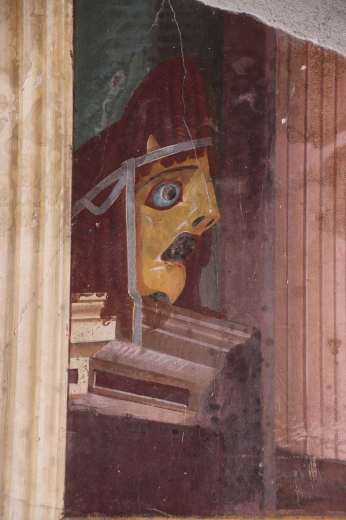 Oplontis, Villa of Poppea, September 2021. 
Room 15, east wall, detail of painting of the Delphic tripod. Photo courtesy of Klaus Heese.
