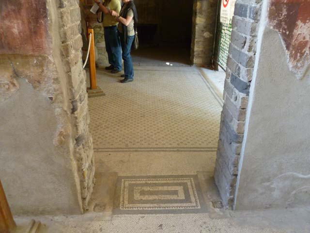 Oplontis, September 2015. Room 15, remains of painted plaster on portico 13. 