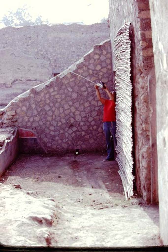 Oplontis, 1977. Room 57, looking east towards the remains of black and red painted plaster on the sloping reconstructed wall. Photo by Stanley A. Jashemski.   
Source: The Wilhelmina and Stanley A. Jashemski archive in the University of Maryland Library, Special Collections (See collection page) and made available under the Creative Commons Attribution-Non Commercial License v.4. See Licence and use details. J77f0292
