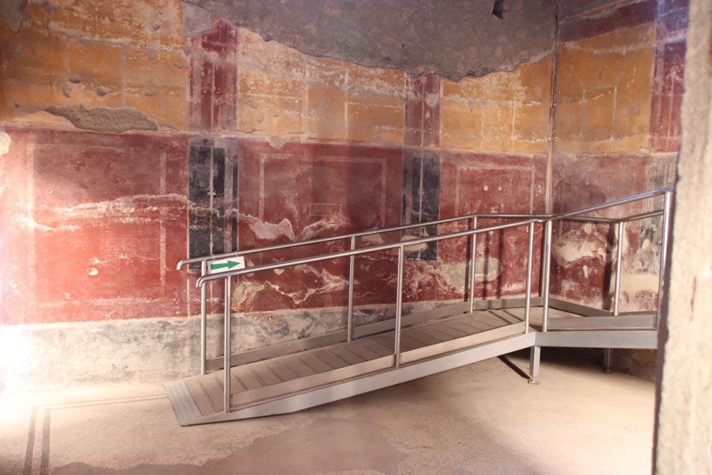 Oplontis Villa of Poppea, January 2023. 
Room 20, looking north across courtyard garden with large window into large room 21. Photo courtesy of Miriam Colomer.
