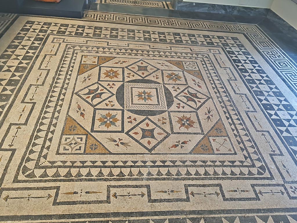 Villa Urbana, Varano, Stabia. June 2024.   
Beautiful central emblema of coloured mosaic set into floor in Naples Archaeological Museum, “Magna Grecia” collection, Room CXXXI. 
The surrounding meander border is thought to be from Secondo Complesso at Stabia.  Photo courtesy of Giuseppe Ciaramella.

