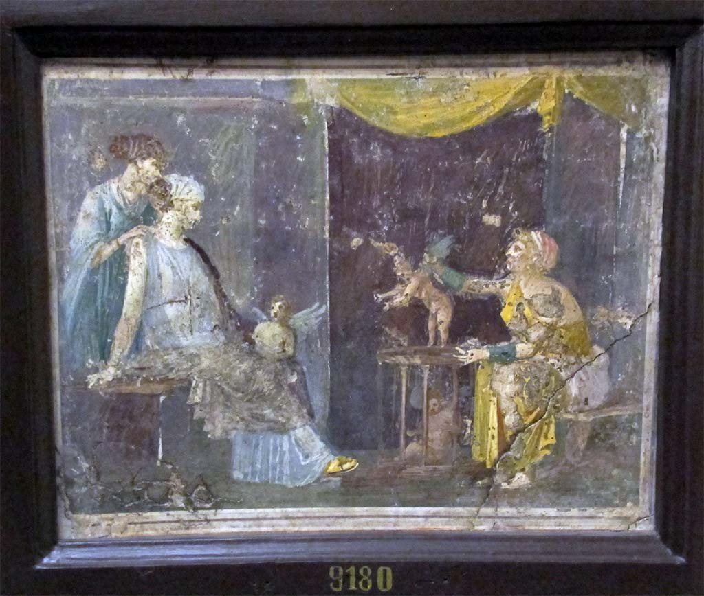 Stabiae, Villa Arianna, 16th June 1759. Room W.25. Wall painting of three women with three cupids.
Now in Naples Archaeological Museum, inventory number 9180.
According to Prisciandaro & Pagano, this was found together with another, of priests and priestesses, inventory number 8972.
See Pagano, M. and Prisciandaro, R., 2006. Studio sulle provenienze degli oggetti rinvenuti negli scavi borbonici del regno di Napoli. Naples: Nicola Longobardi. (p.242)
