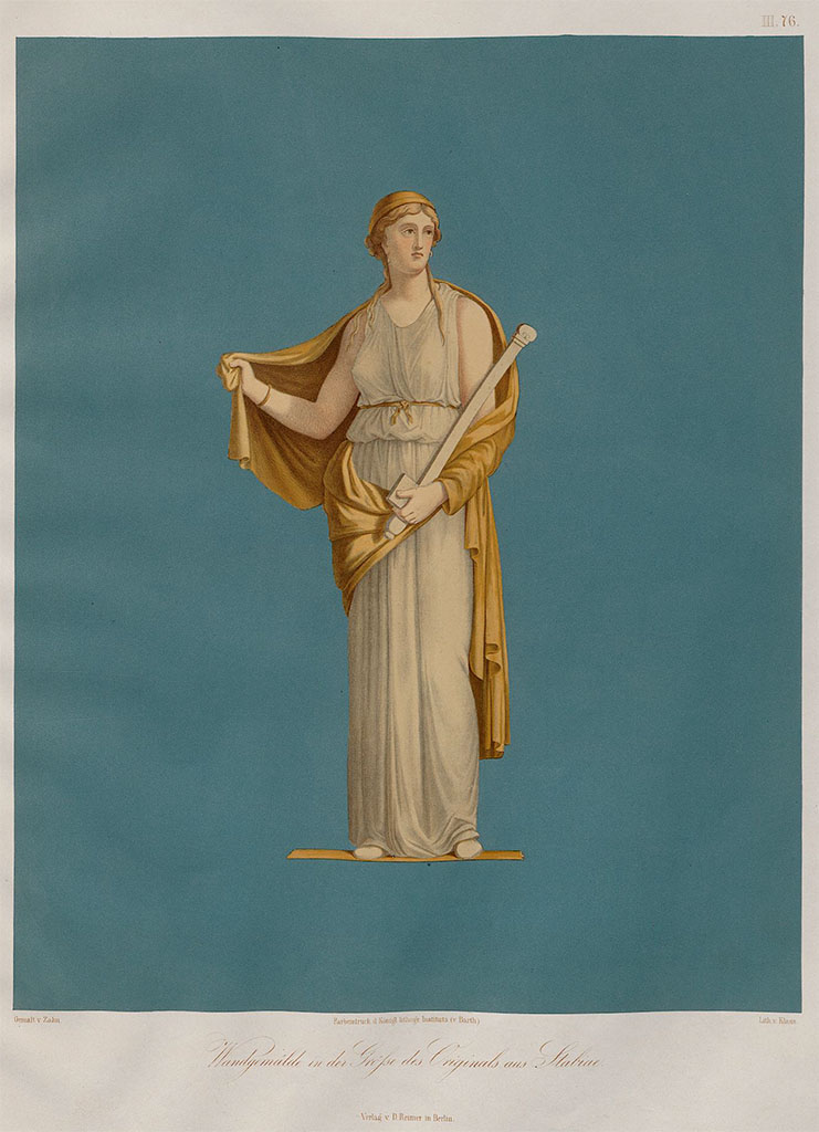 Stabiae, Villa Arianna, found 26th July 1759. 
Room W.26, wall painting of Medea holding a sceptre and a book.
Now in Naples Archaeological Museum. Inventory number 8978.
Painting by Zahn, pre-November 1856 –
described as pendant to Penelope (?Diana), also on blue background and seen in Pl.III.46.
See Zahn, W., 1852-59. Die schönsten Ornamente und merkwürdigsten Gemälde aus Pompeji, Herkulanum und Stabiae: III. Berlin: Reimer, taf. 76.

