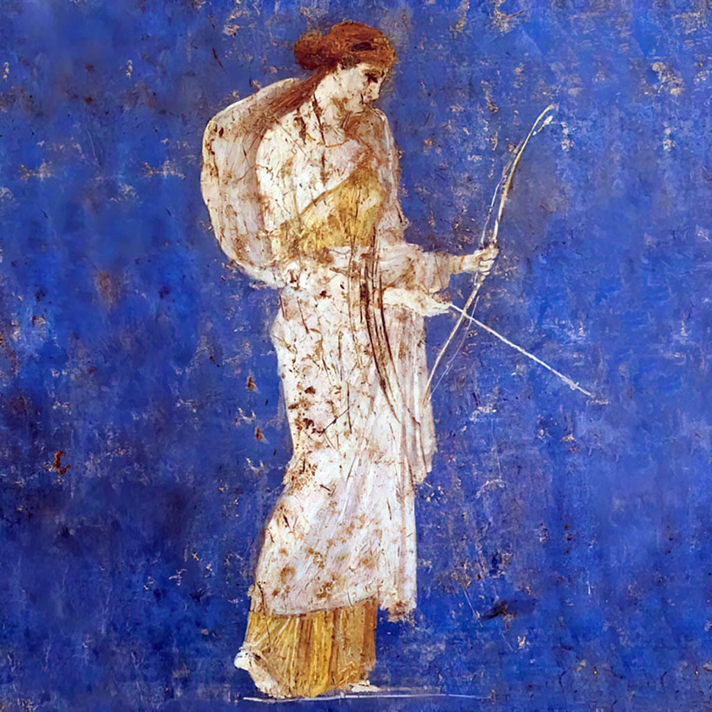 Stabiae, Villa Arianna, found 8th August 1759. Room W.26. detail of wall painting of Diana with a bow and arrow.
Now in Naples Archaeological Museum. Inventory number 9243.
Photo courtesy of Giuseppe Ciaramella taken December 2019.
