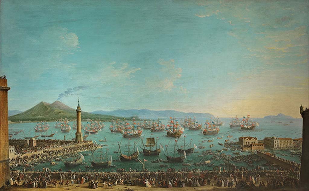 Vesuvius 1759. Partenza di Carlo III da Napoli nell’agosto 1759 per Antonio Joli.
Departure of Charles III from Naples in August 1759, with smoking Vesuvius in background. Painting by Antonio Joli.
On the death of his half-brother Ferdinand VI in 1759, who died without issue, Charles was called to succeed him on the throne of Spain.
©Museo Nacional del Prado, Madrid.
