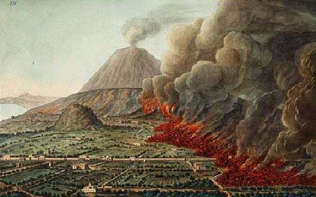 Vesuvius Eruption 1760 1761. Mount Vesuvius: a volcanic eruption at the foot of the mountain, 1760-1761, causing the destruction of the land and property.
Coloured etching by Pietro Fabris, 1776, after his drawing, 1760-1761. 
See Hamilton Sir W., 1776. Campi Phlegraei. Naples: vol. 1, plate XII.
See original on https://wellcomecollection.org/
