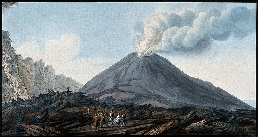 Vesuvius eruption 1776. The valley Atrio di Cavallo between Vesuvius and Somma, showing smoke emerging from Vesuvius before eruption. 
Coloured etching by Pietro Fabris, 1776. Credit: Wellcome Collection. CC Attribution 4.0 International (CC BY 4.0)

