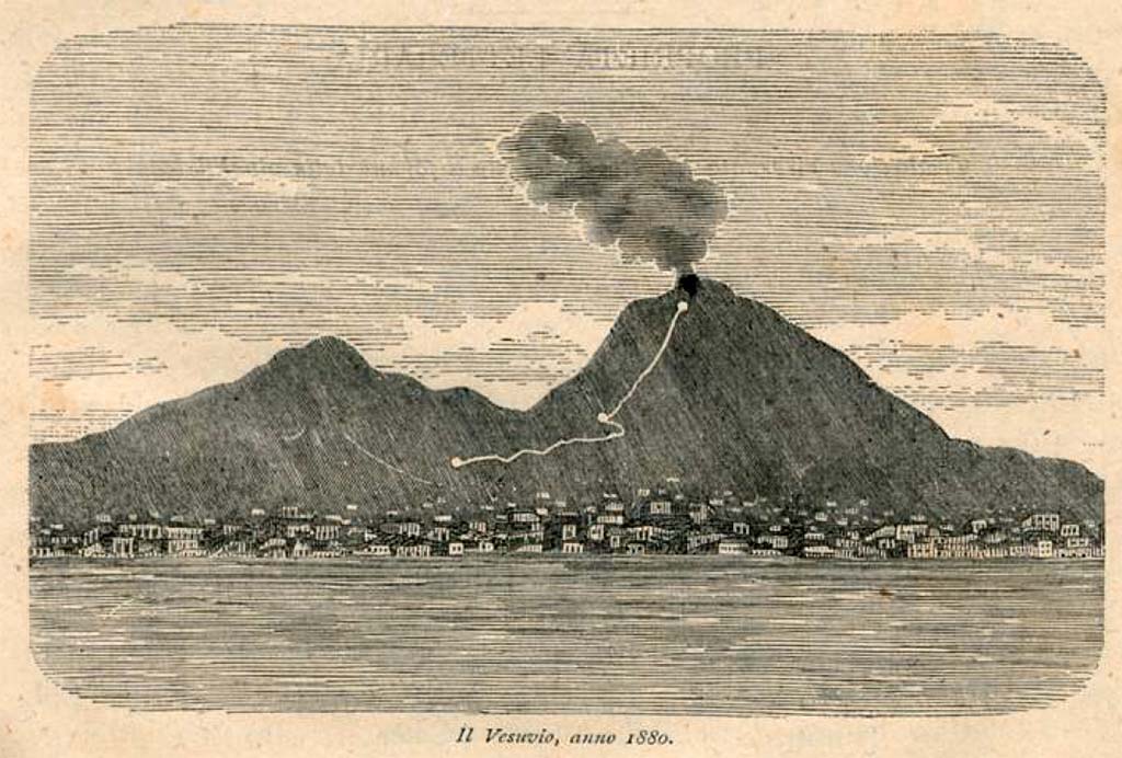 Vesuvius in 1880. Drawing by Luigi Palmieri.
See Palmieri L., 1880. Il Vesuvio e la sua storia. Milano: Tipografia Faverio, frontespiece.
See book on E-RARA

