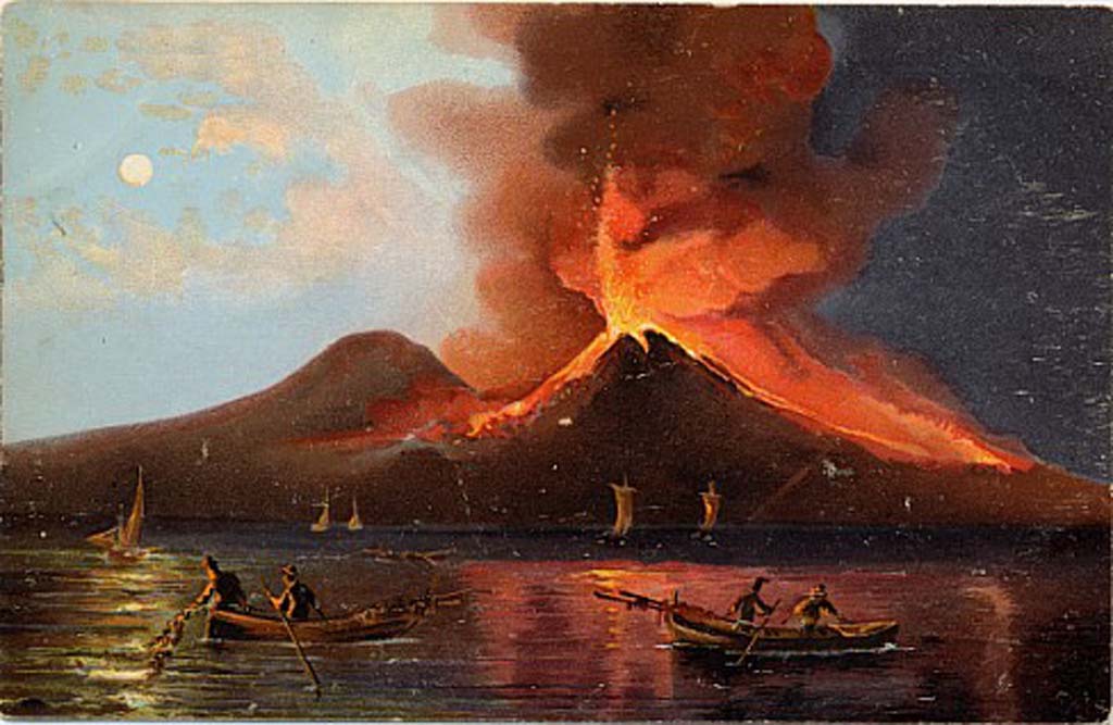 Vesuvius Eruption. Date unknown. Vesuvio in Eruzione. Painting is shown on old postcard c.1900.