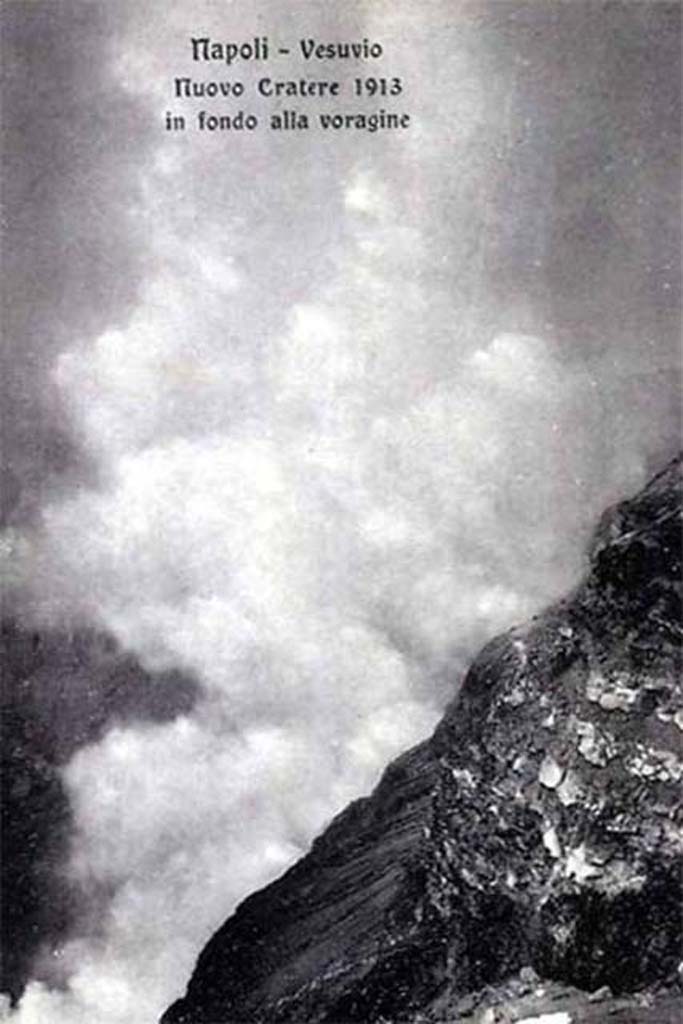 Vesuvius Eruption 1913. Old postcard showing new crater at the bottom of the chasm.