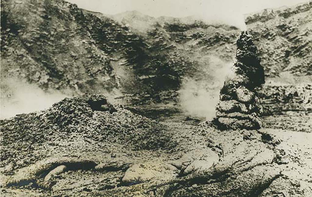 Vesuvius. 30th July 1930 press photo. New crater formed on Mt. Vesuvius.
On the rear of the photo it says: 
“New crater formed on Mt. Vesuvius.
A new cone formed by the strange lava which has come forth from Mt. Vesuvius during its recent eruptions.
Volcano eruptions were followed by earthquakes which took toll of 15,000 lives in Italian cities”.
Photo courtesy of Rick Bauer.
