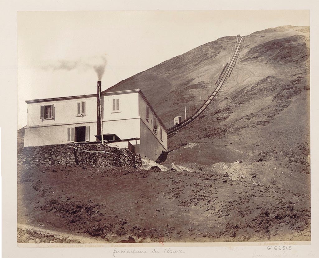 Vesuvius Funicular railway. Photograph No. 8123, by Sommer.
Vesuvius Funicolare lower station Funicolare del Vesuvio.  Public domain, via Wikimedia Commons
