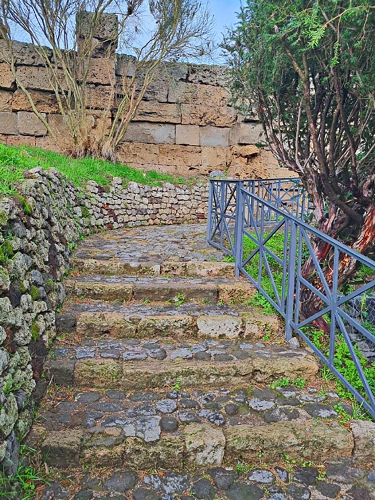 Walls on west side of Tower XI, Pompeii. November 2023. 
Looking north up steps to Tower. Photo courtesy of Giuseppe Ciaramella.
