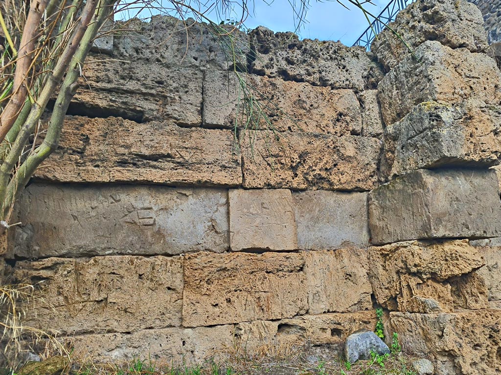 Walls on west side of Tower XI, Pompeii. November 2023. 
Looking north towards wall with remaining Masons’ marks. Photo courtesy of Giuseppe Ciaramella.
