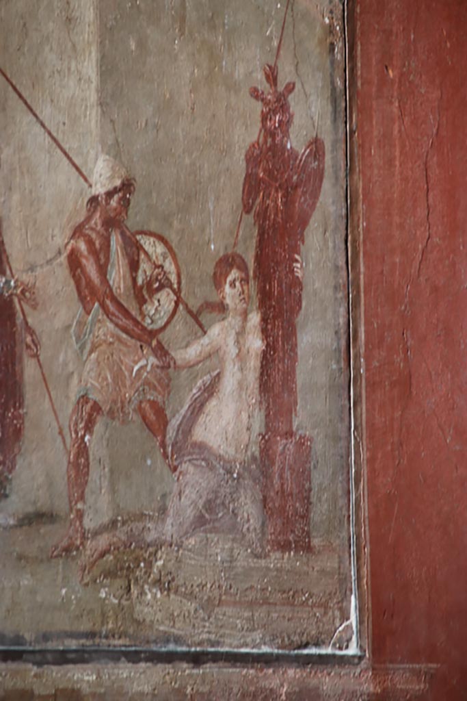 I.10.4 Pompeii. October 2023. 
Room 4, north wall, detail from mythological scene showing Ajax dragging Cassandra from the Palladium before the eyes of Priam.
Photo courtesy of Klaus Heese.
