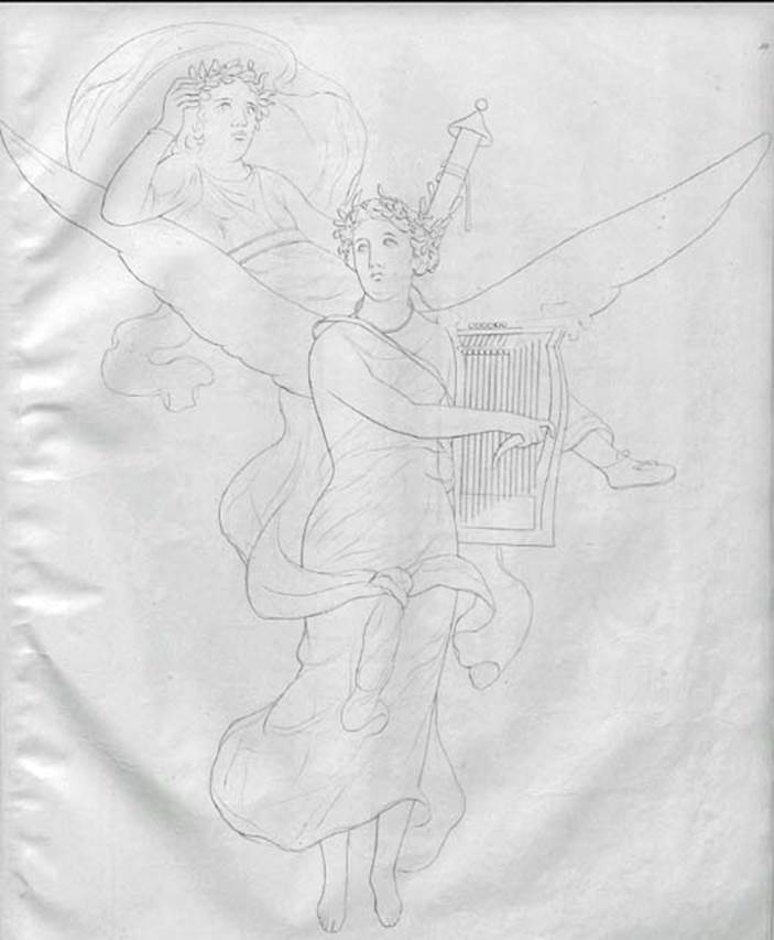 VI.10.11 Pompeii. Room 3, drawing of a Muse and Artemis/Diana, painted on the west wall of the atrium, on the pilaster between rooms 12 and 11.
See Zahn, W., 1828. Die schönsten Ornamente und merkwürdigsten Gemälde aus Pompeji, Herkulanum und Stabiae: I. Berlin: Reimer. (tav 52)
See Helbig, W., 1868. Wandgemälde der vom Vesuv verschütteten Städte Campaniens. Leipzig: Breitkopf und Härtel. (1954b)
Original painting removed and taken to Naples Archaeological Museum, inventory number 8826.
